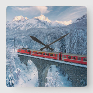 Ice & Snow   Red Bernina Express Train Switzerland Square Wall Clock