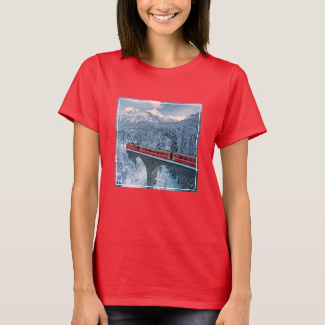Ice & Snow | Red Bernina Express Train Switzerland T-Shirt (Front)