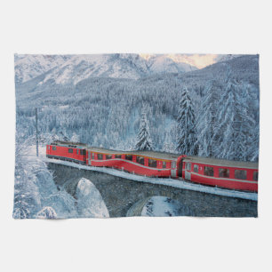 Ice & Snow   Red Bernina Express Train Switzerland Tea Towel