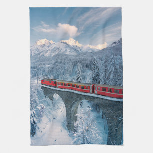 Ice & Snow   Red Bernina Express Train Switzerland Tea Towel