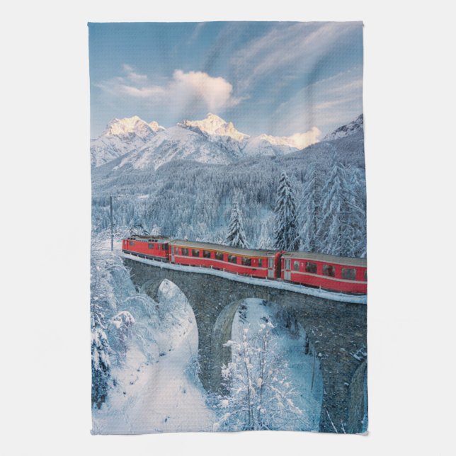 Ice & Snow | Red Bernina Express Train Switzerland Tea Towel (Vertical)