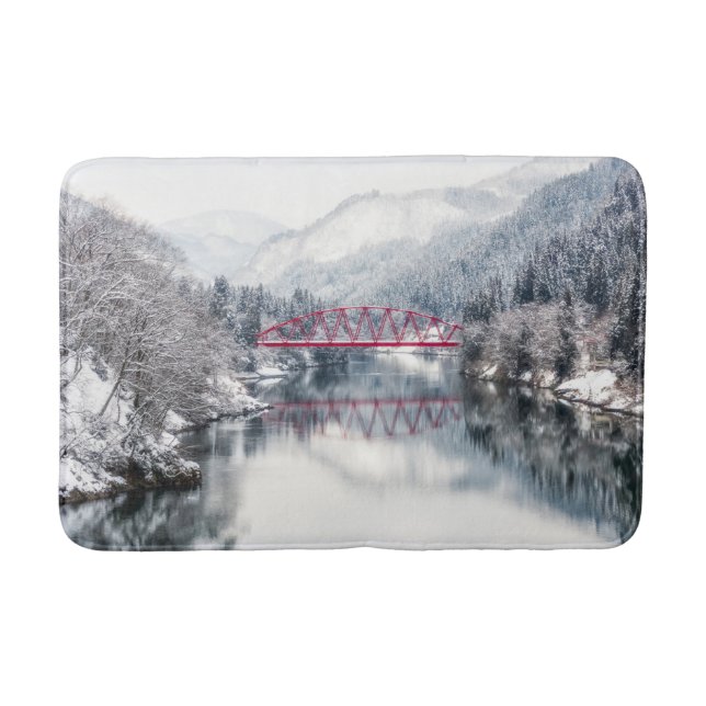 Ice & Snow | Red Bridge in Winter, Japan Bath Mat (Front)