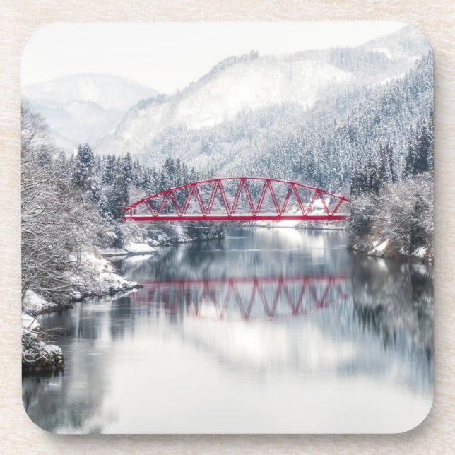 Ice & Snow | Red Bridge in Winter, Japan Coaster (Front)
