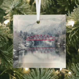 Ice & Snow   Red Bridge in Winter, Japan Glass Tree Decoration