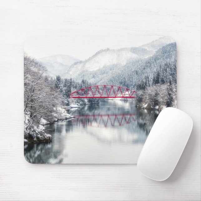 Ice & Snow | Red Bridge in Winter, Japan Mouse Mat (With Mouse)