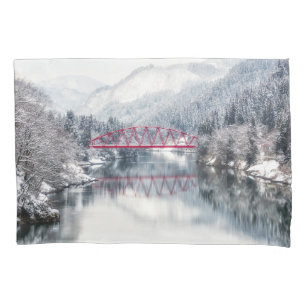 Ice & Snow Red Bridge in Winter, Japan Pillowcase