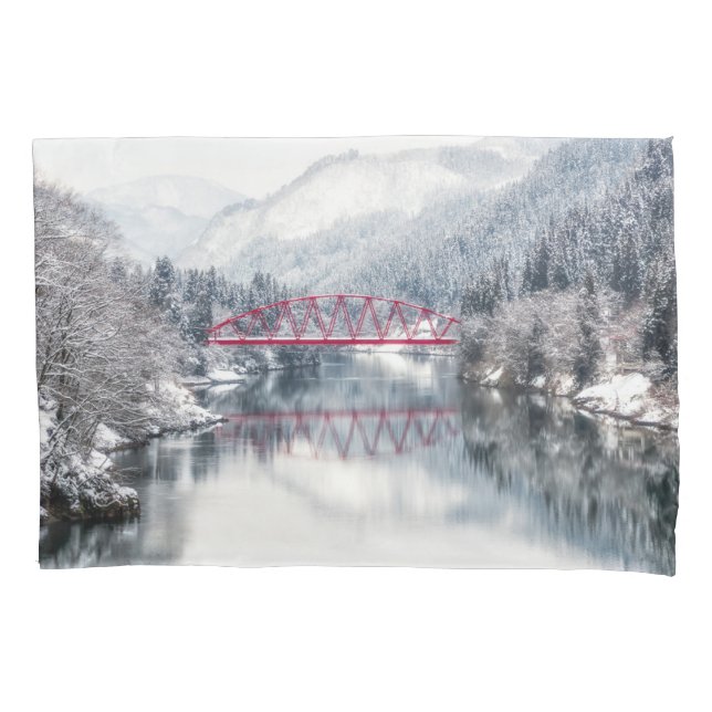 Ice & Snow | Red Bridge in Winter, Japan Pillowcase (Front)