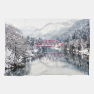 Ice & Snow   Red Bridge in Winter, Japan Tea Towel
