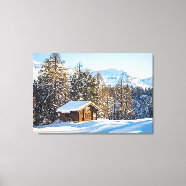 Ice & Snow | Winter Log Cabin Swiss Alps Canvas Print (Front)