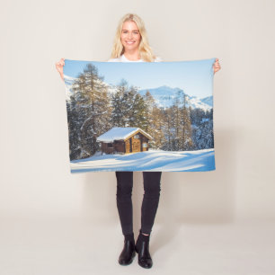 Ice & Snow Winter Log Cabin Swiss Alps Fleece Blanket