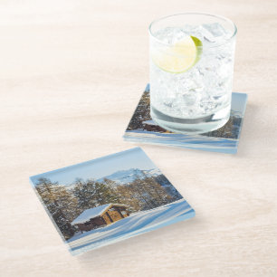 Ice & Snow   Winter Log Cabin Swiss Alps Glass Coaster