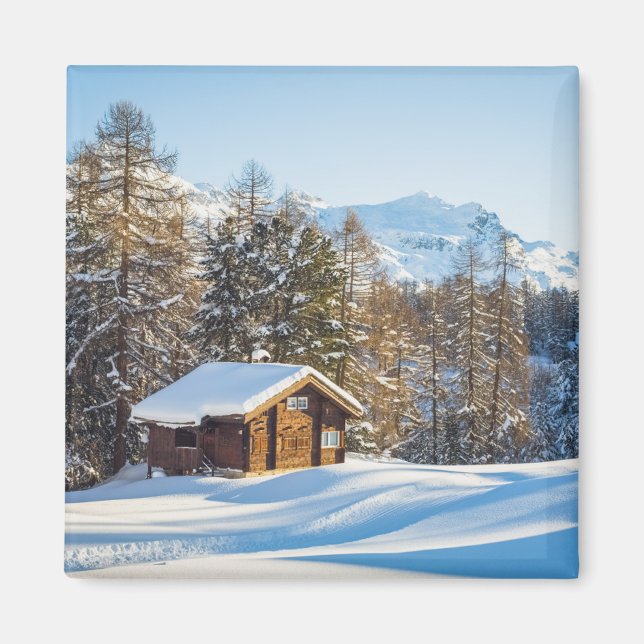 Ice & Snow | Winter Log Cabin Swiss Alps Magnet (Front)
