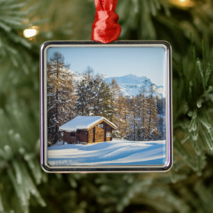 Ice & Snow   Winter Log Cabin Swiss Alps Metal Tree Decoration