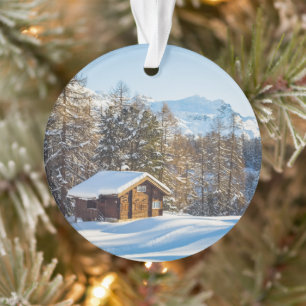 Ice & Snow   Winter Log Cabin Swiss Alps Ornament