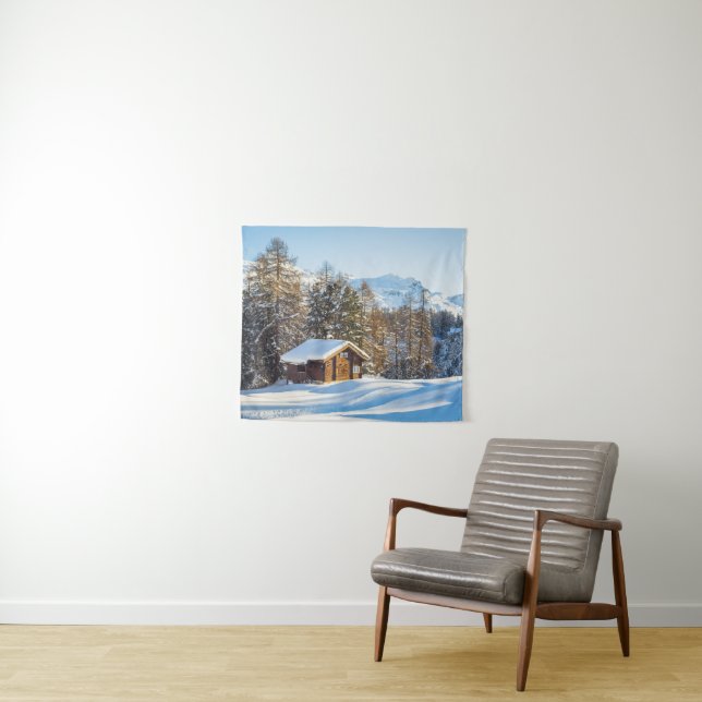 Ice & Snow | Winter Log Cabin Swiss Alps Tapestry (In Situ (Horizontal))
