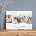 Ice | Snowdrop 4 Photo Collage Hanukkah Holiday Card<br><div class="desc">Unique modern Hanukkah card design features four favourite photos arranged side by side with oversized pale blue snowflake silhouettes in the background. Personalise with your custom holiday greeting and family name(s) beneath in classic lettering; shown with "Joyous Hanukkah."</div>