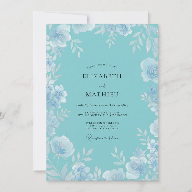 Ice Turquoise Leafy Wedding Invitation (Front)