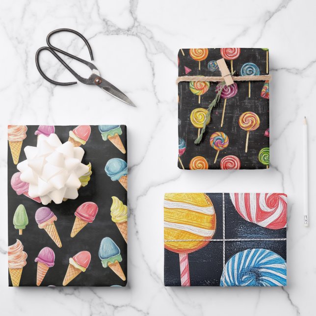 Icecream, Lollypop, Sweet Candy Cute Gift Set Wrapping Paper Sheet (Front)