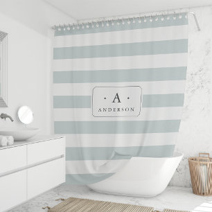 Iced Aqua Stripe Family Name & Monogram Shower Curtain
