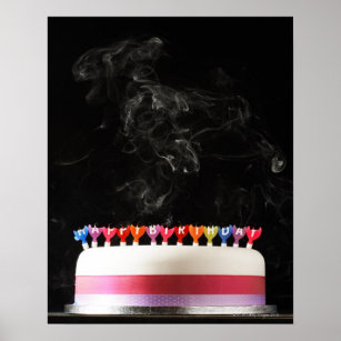 Iced cake with smoking melted happy birthday poster