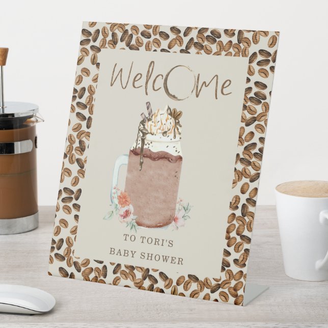 Iced Coffee Beans Baby Shower Welcome Floral Pedestal Sign (In SItu)