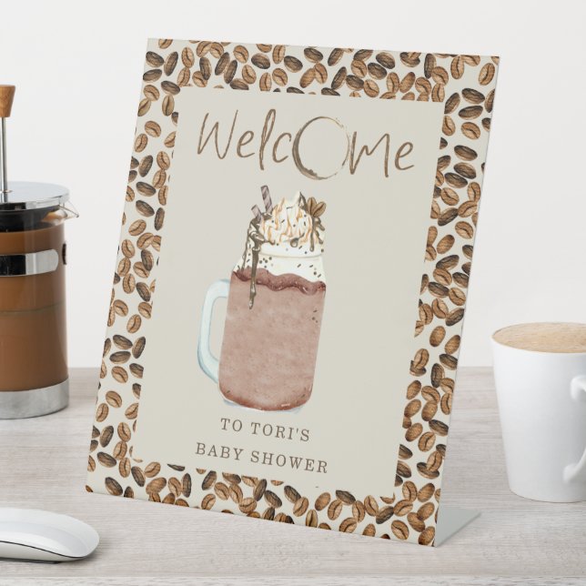 Iced Coffee Beans Baby Shower Welcome Pedestal Sign (In SItu)