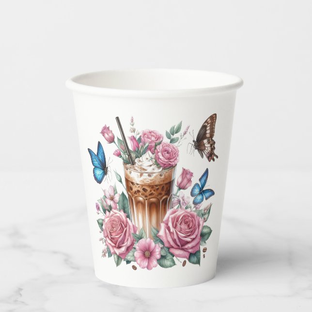 Iced Coffee & Butterfly Floral Art Paper Cups (Front)