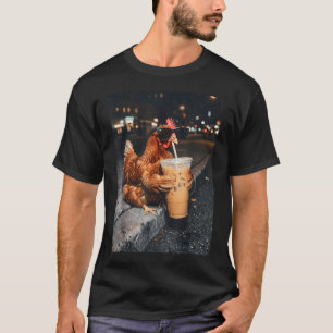 Iced Coffee Chick Hen Rooster Night City Cool T-Shirt