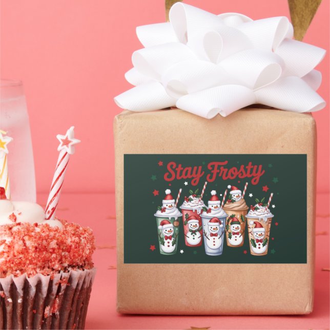 Iced Coffee Stay Frosty Christmas Snowman Xmas  Rectangular Sticker (Party)