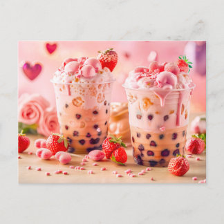 Iced coffee with strawberries and strawberry ice holiday postcard