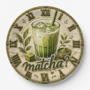 Iced Matcha Latte Green Tea Vintage Café  Paper Plate