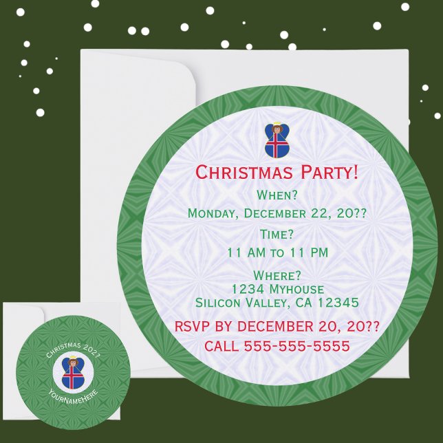 Iceland Angel Flag Christmas Personalise Invitation (Round Christmas party invitation with Icelandic angel. Personalize with name, year and party details)