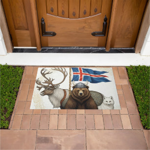 Iceland Flag, viking art mat, reindeer, fox, bear Doormat