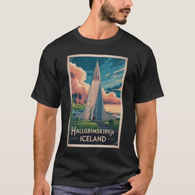 Iceland Hallgrimskirkja Illustration Travel Art T-Shirt (Front)