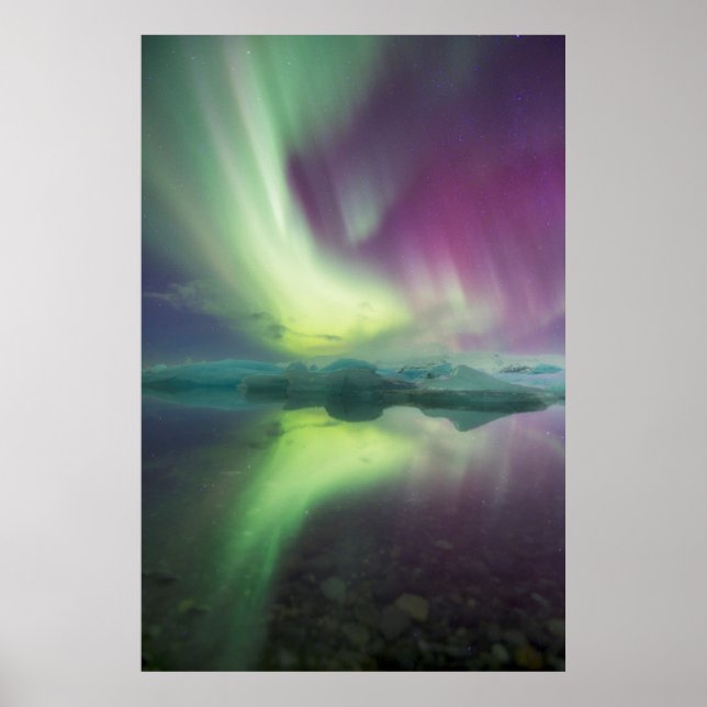 Iceland, Jokulsarlon. Aurora Lights Reflect Poster (Front)