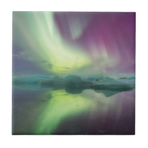 Iceland, Jokulsarlon. Aurora Lights Reflect Tile