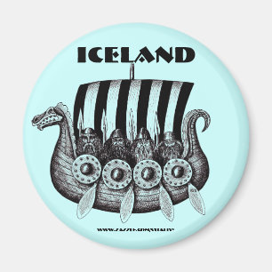 Iceland magnet with vikings in drekar pen ink art