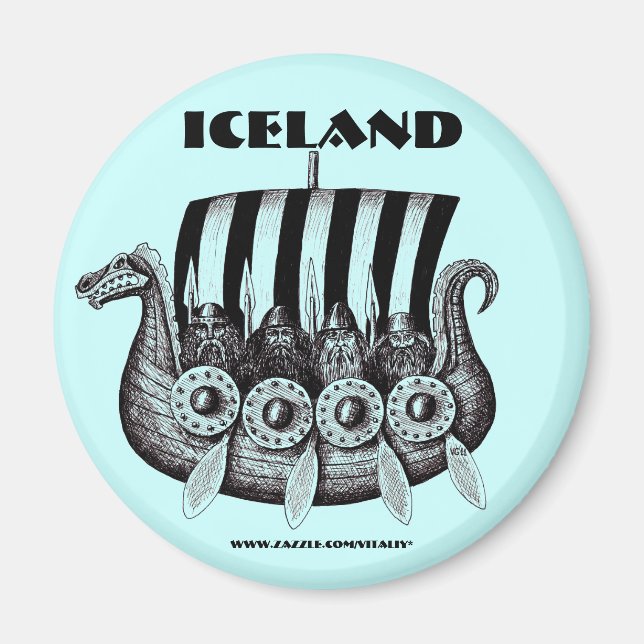 Iceland magnet with vikings in drekar pen ink art (Front)