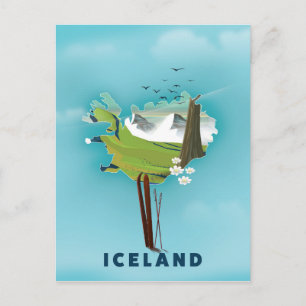 Iceland Map Illustration travel poster. Postcard
