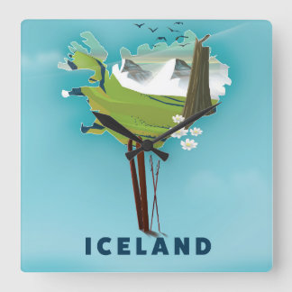 Iceland Map Illustration travel poster. Square Wall Clock