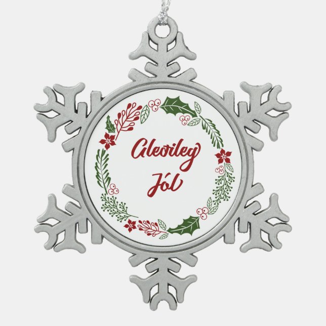 Iceland Merry Christmas Wreath, Gleðileg jól Snowflake Pewter Christmas Ornament (Front)