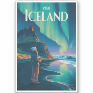 Iceland Northern Lights Illustration Travel Art Vi