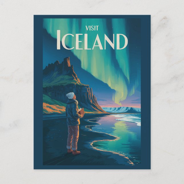 Iceland Northern Lights Illustration Travel Art Vi Postcard (Front)