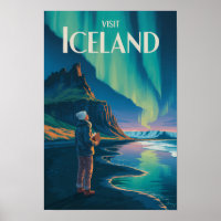 Iceland Northern Lights Illustration Travel Art Vi