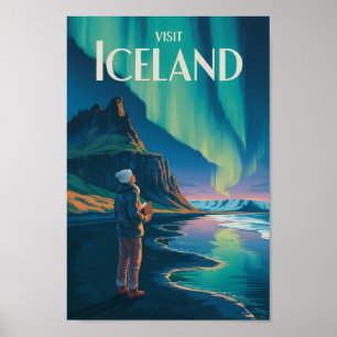 Iceland Northern Lights Illustration Travel Art Vi Poster