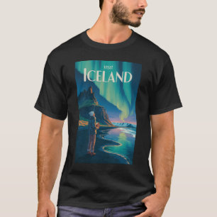 Iceland Northern Lights Illustration Travel Art Vi T-Shirt