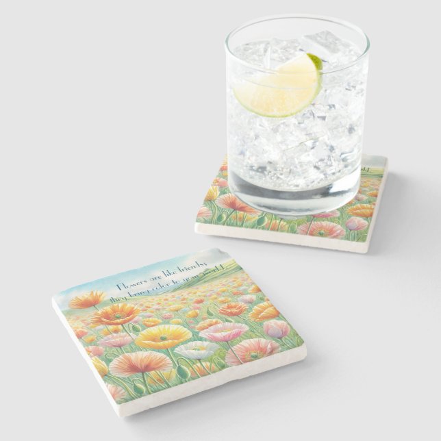 Iceland Poppy Field & Quote	 Stone Coaster (Side)