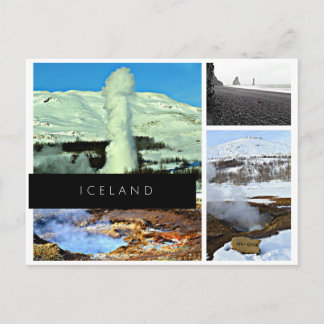 Iceland postcard - geyser, hot spring, black sand