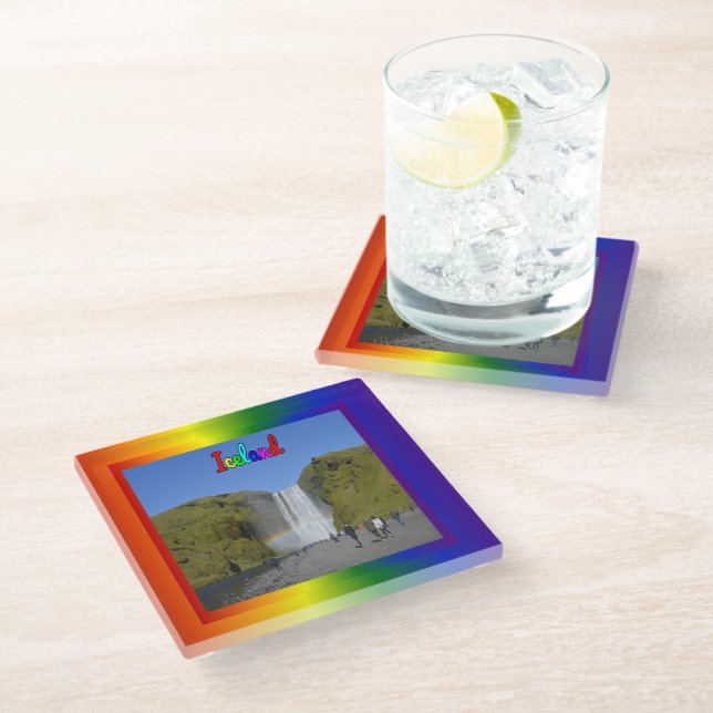 Iceland Rainbow Waterfall  Glass Coaster (Angled)