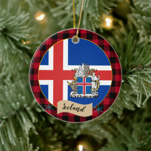 Iceland, Red buffalo plaid & Icelandic Flag Ceramic Tree Decoration